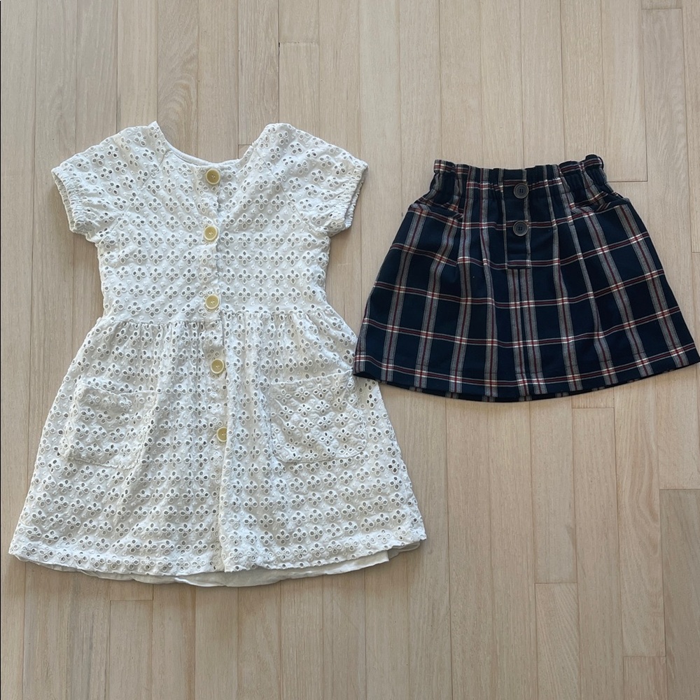 2 for &20 Girl White Eyelet Dress and Plaid Skirt size 8